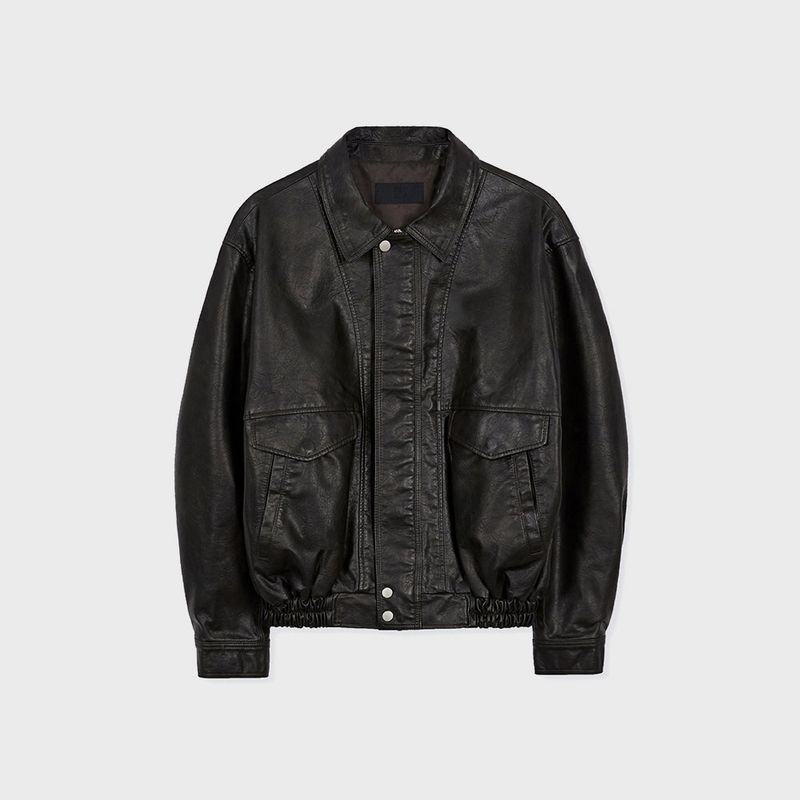 Washed Faux Leather Blouson (Dark Brown)