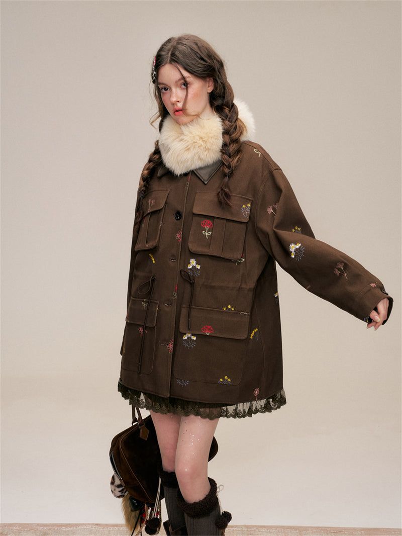 Floral Embroidery Cotton Cargo Jacket