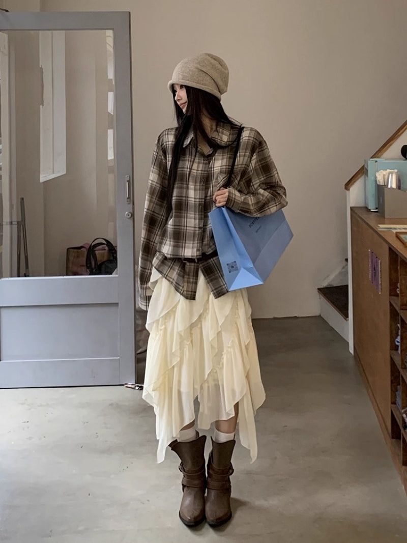dereborujo（ドレボルゾー）の「cake chiffon unbalanced midi skirt（Skirts）」