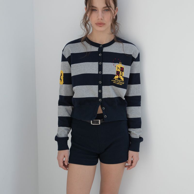 DIMANCHE（ディマンシュ）の「CLASSIC CARDIGAN (NAVY/GREY STRIPE)（Tops）」