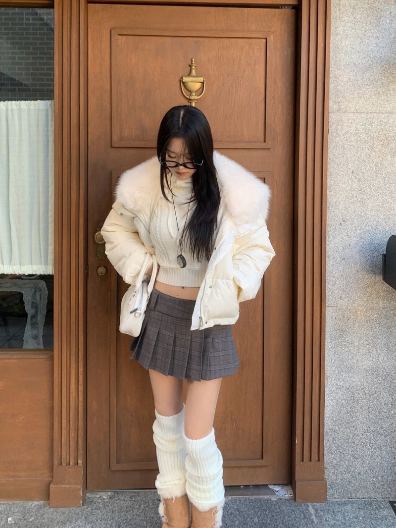 Ice Bloom Fur-Collar Duck Down Short Puffer
