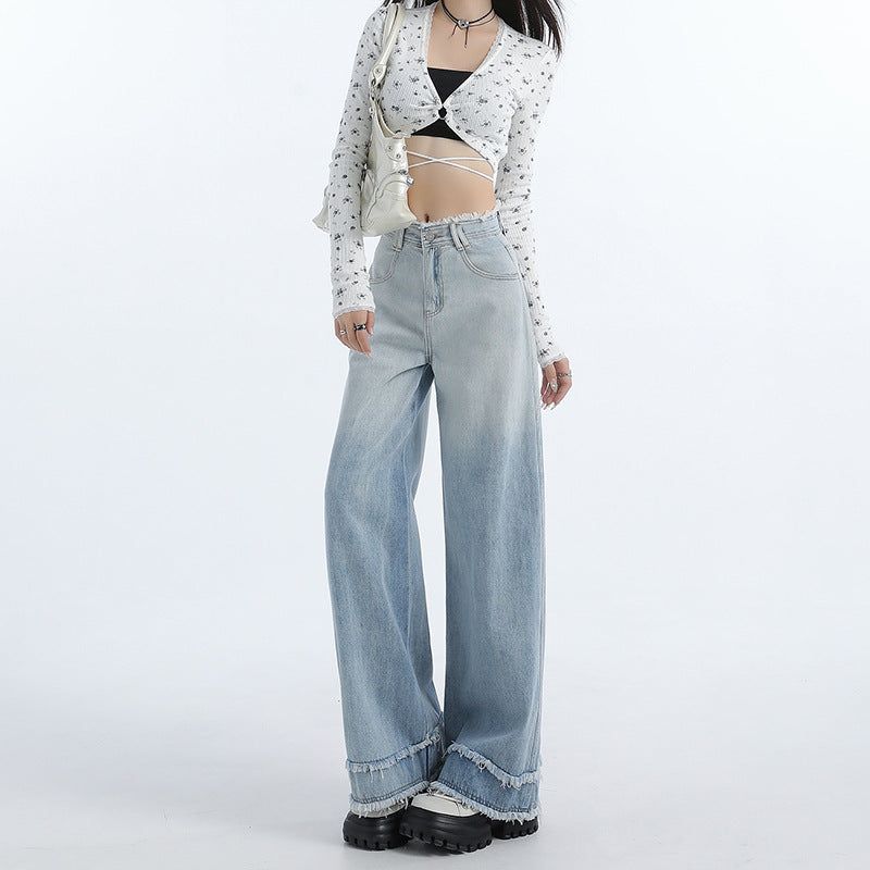Gradient Blue Raw-Edge Wide-Leg Denim Pants