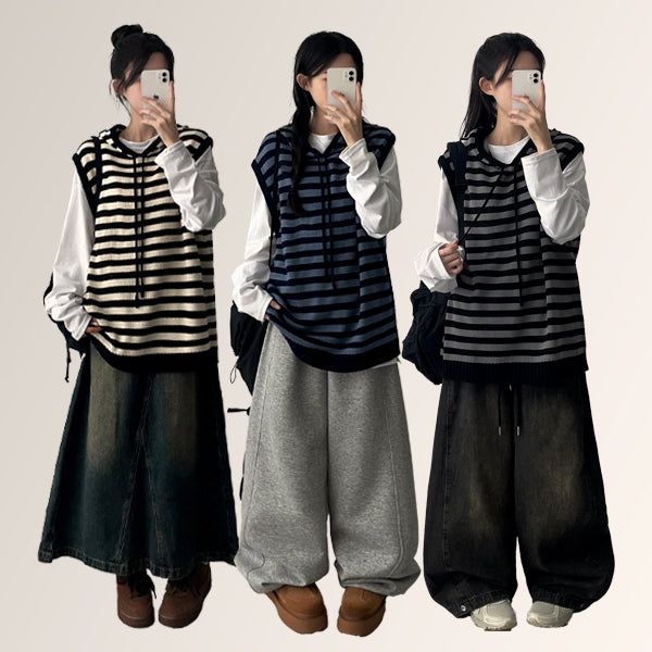 Bead Dangara Stripe Knit Hooded Vest