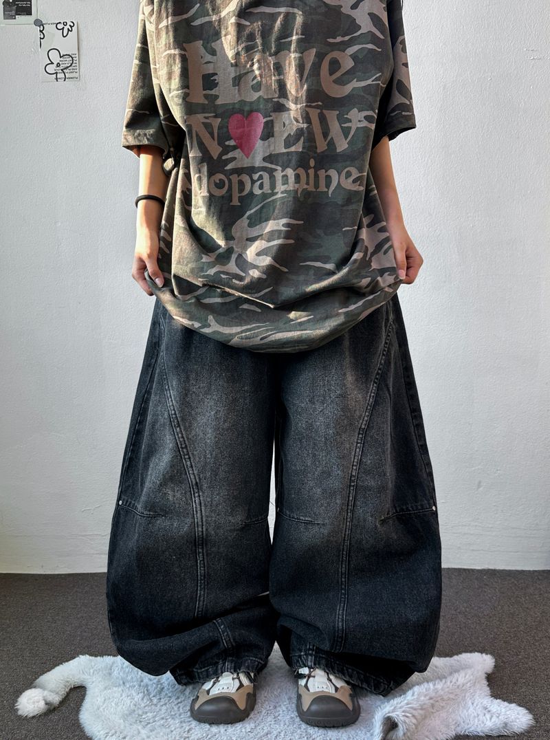 Devil Rivet Elastic Waist Balloon Denim Pants 2color