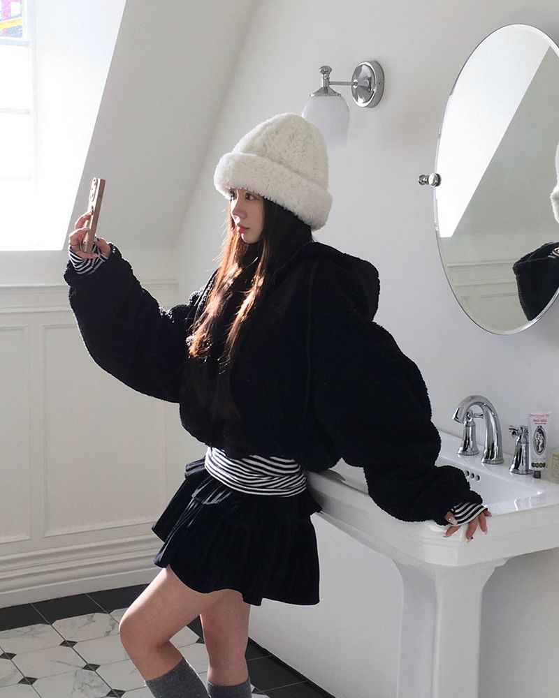 [BELLIDE MADE] Boa fleece + corduroy reversible zip-up hoodie
