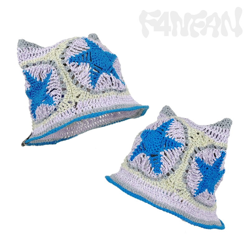 crochet bucket hat with cat ears and four star decorations