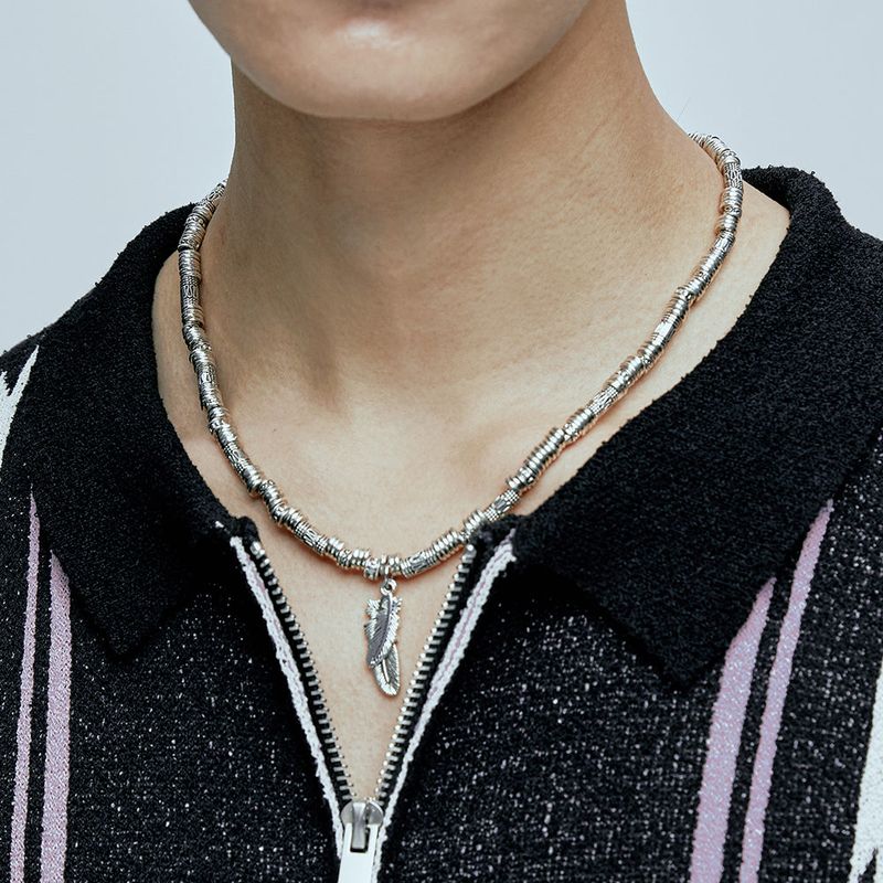 feather & antique silver beads necklace