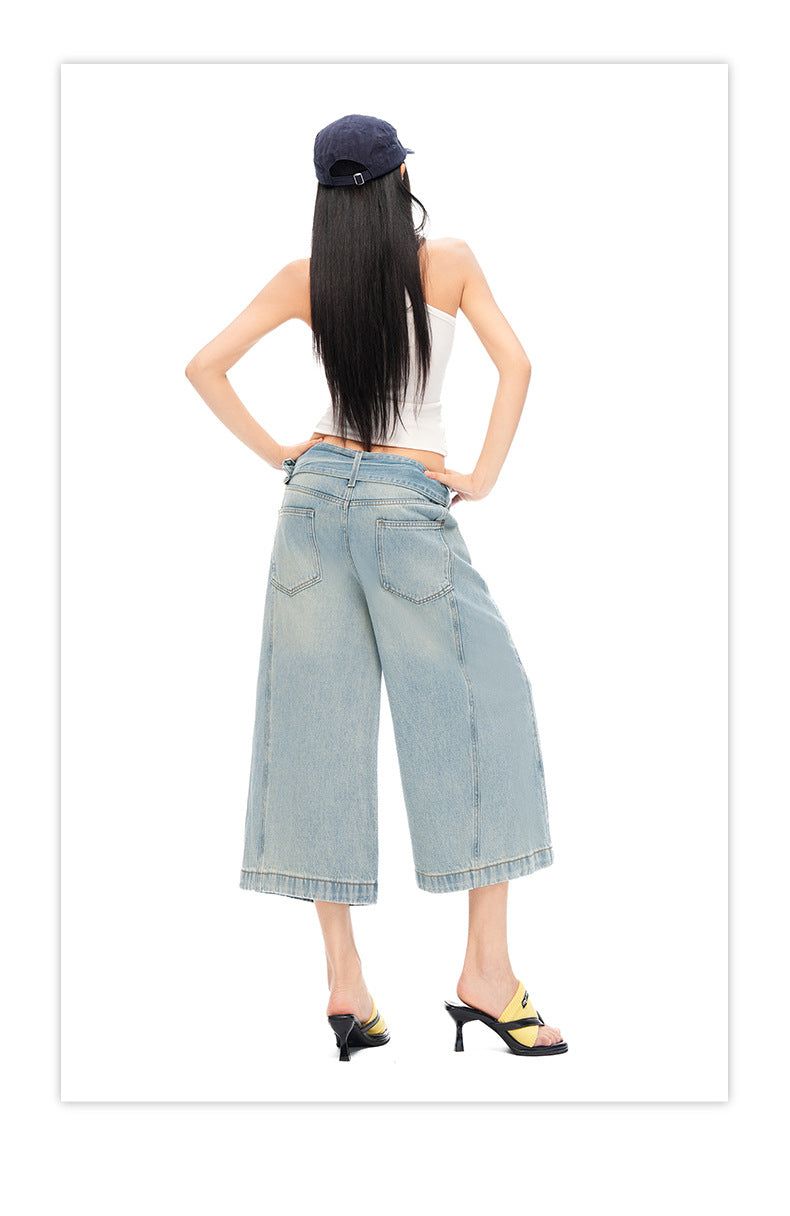 Vintage Light Wash Belted Wide Cropped Denim Pants