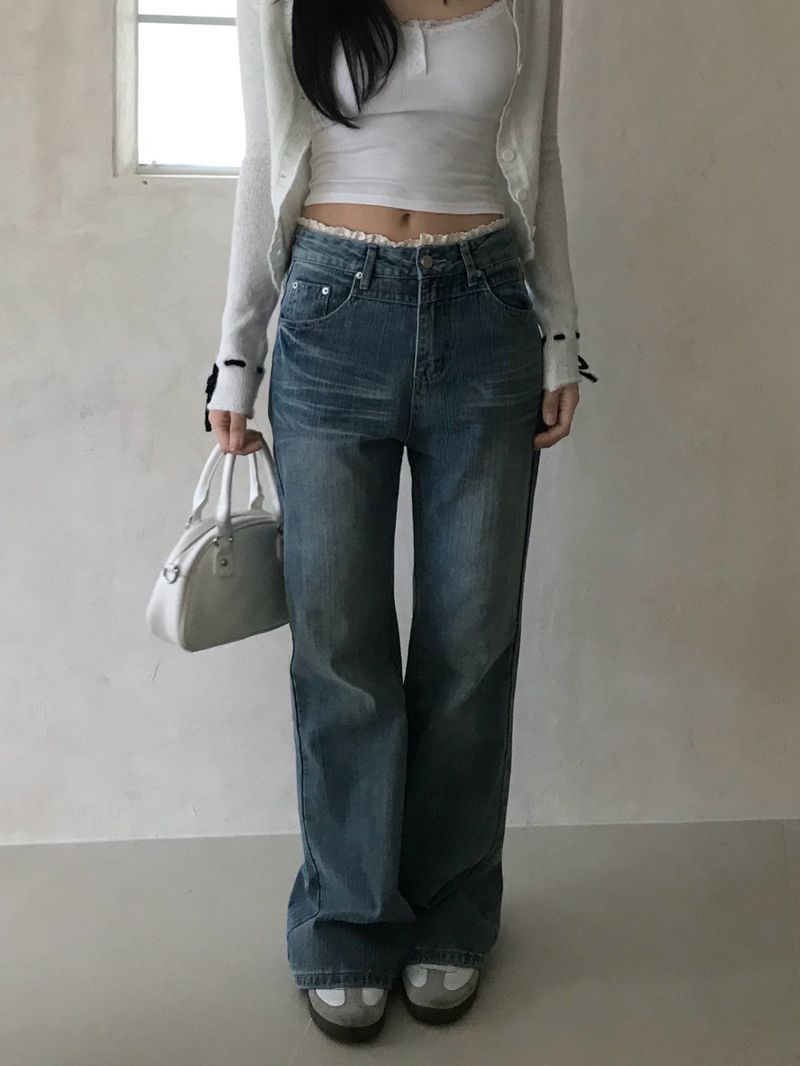 Pomel Lace Trimming Semi Bootcut Pants