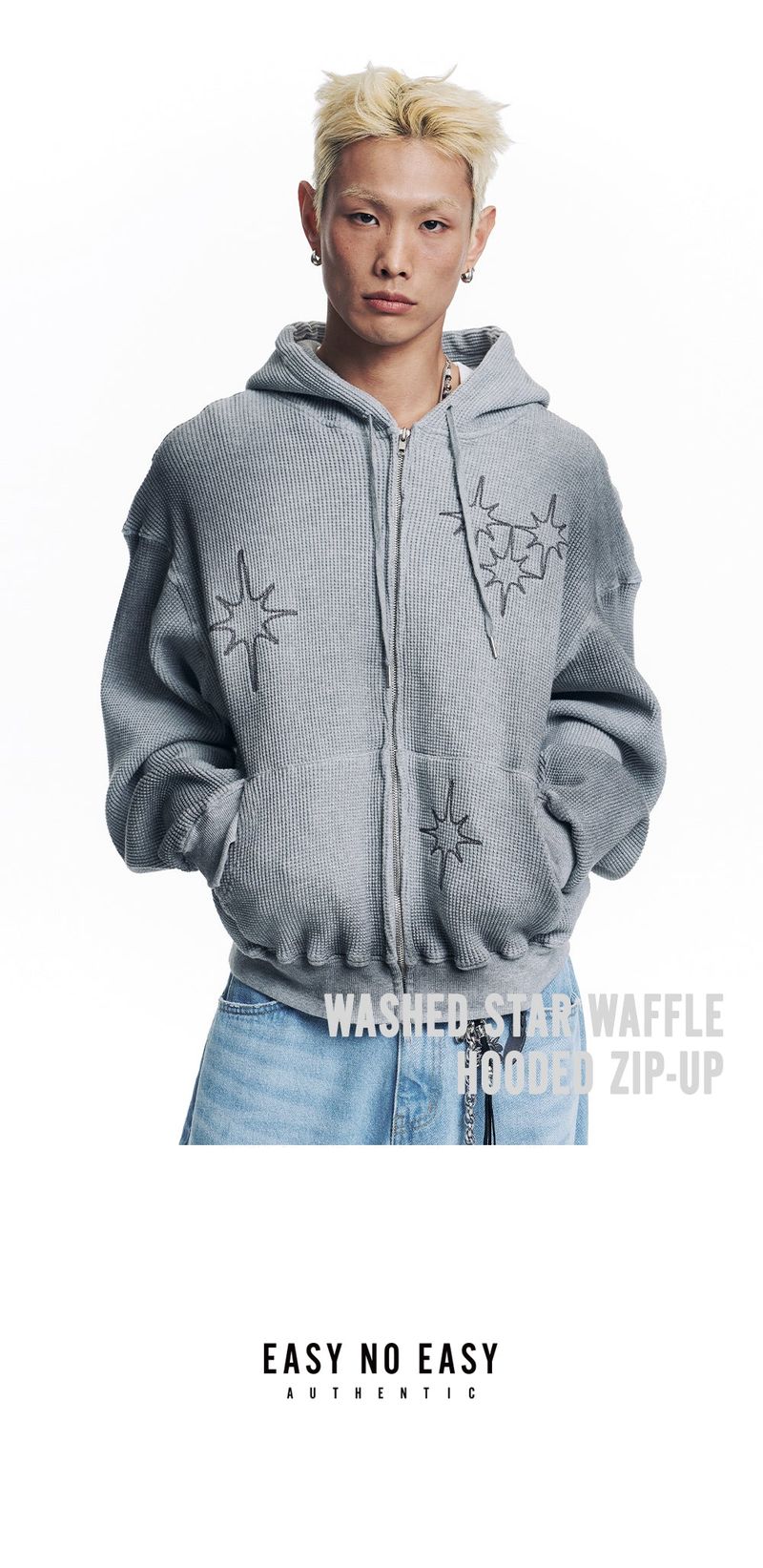 Washed Star Waffle Hooded Zip-Up - Grey