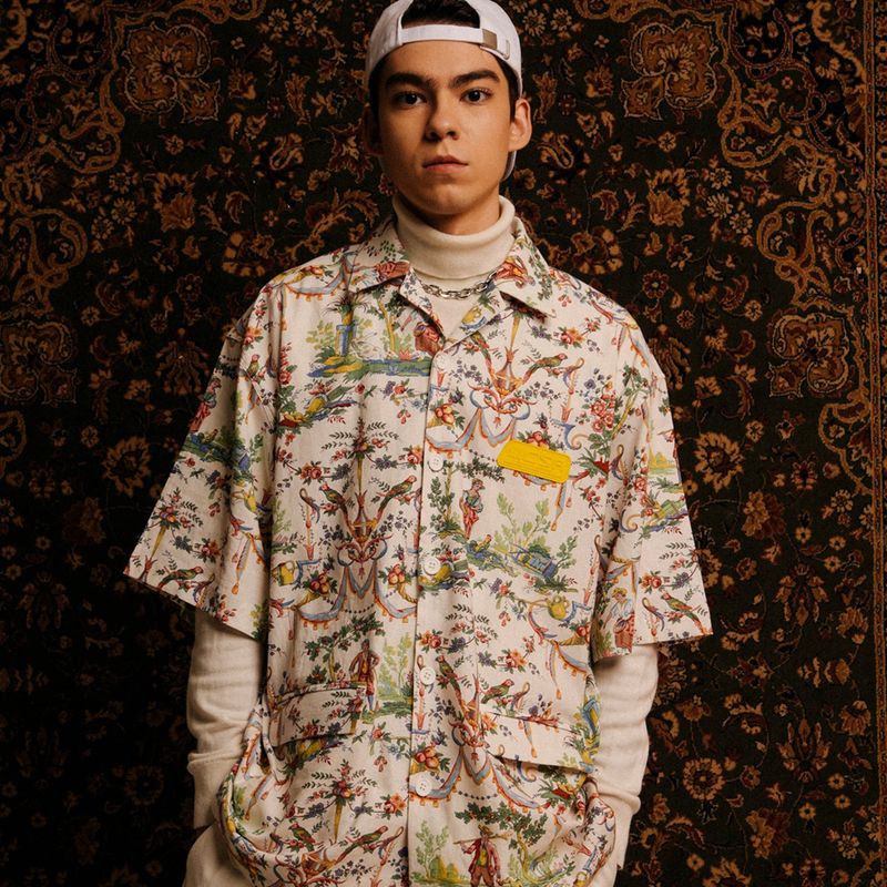 [UNISEX] Printed Linen-Blend Short-Sleeved Jacket (Multicolor)