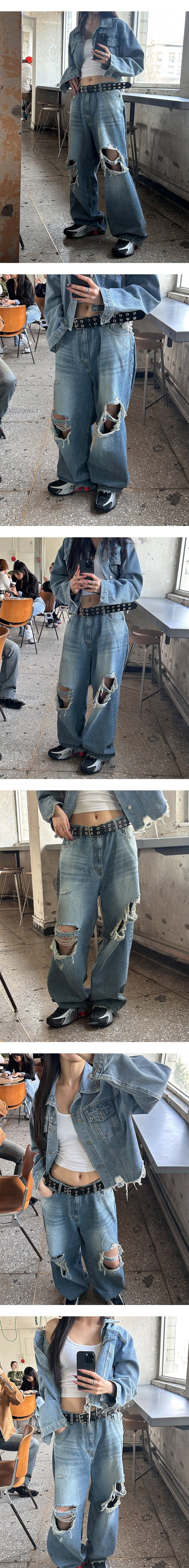  [Unisex] Knee destroyed wide denim pants