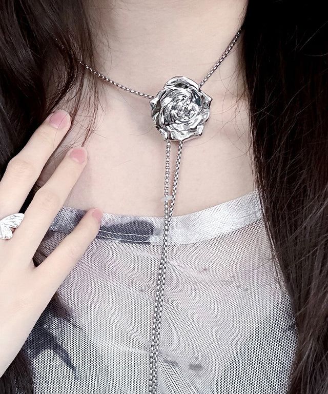 silver rose tie necklace