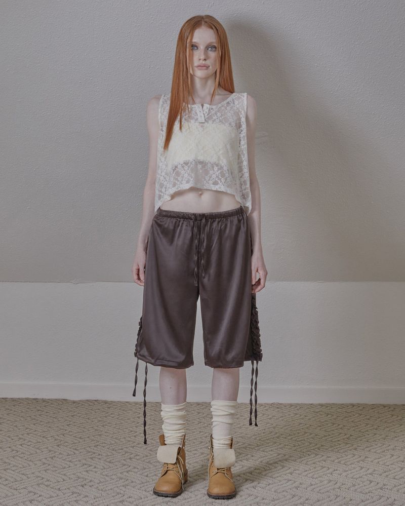 satin ruffle track pants / brown