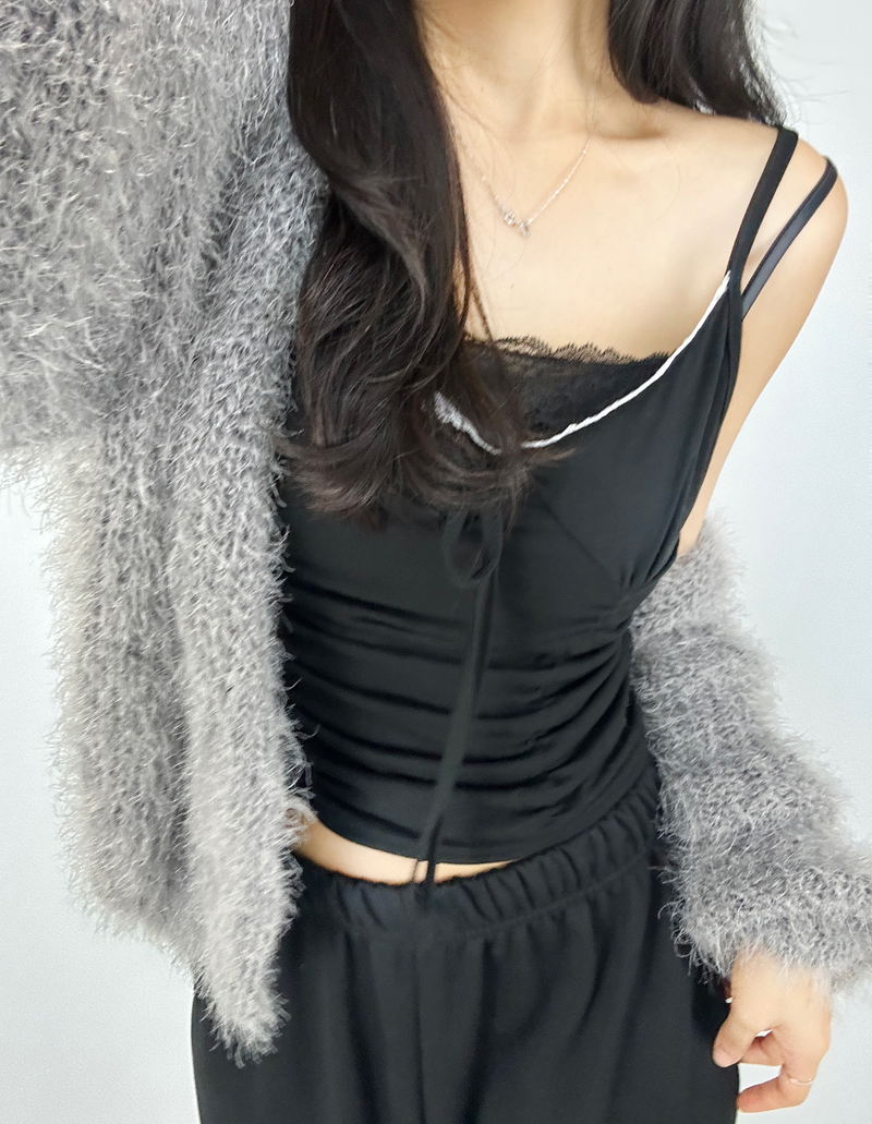 (INNER POINT ITEM♥/LOVELY) 2 COLORS ストリングボウプリーツレースディテールノースリーブタンク