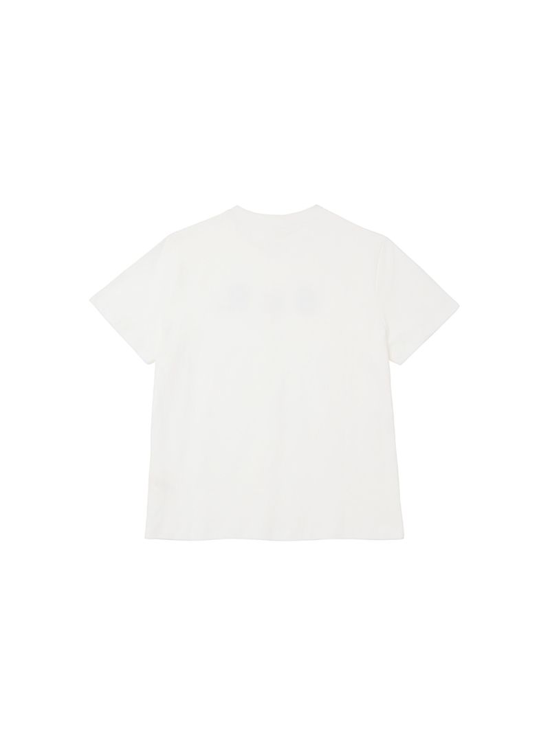 6CRAYON ホワイトボックスフィットTシャツ オフネック クラシックフロックプリント（red logo）