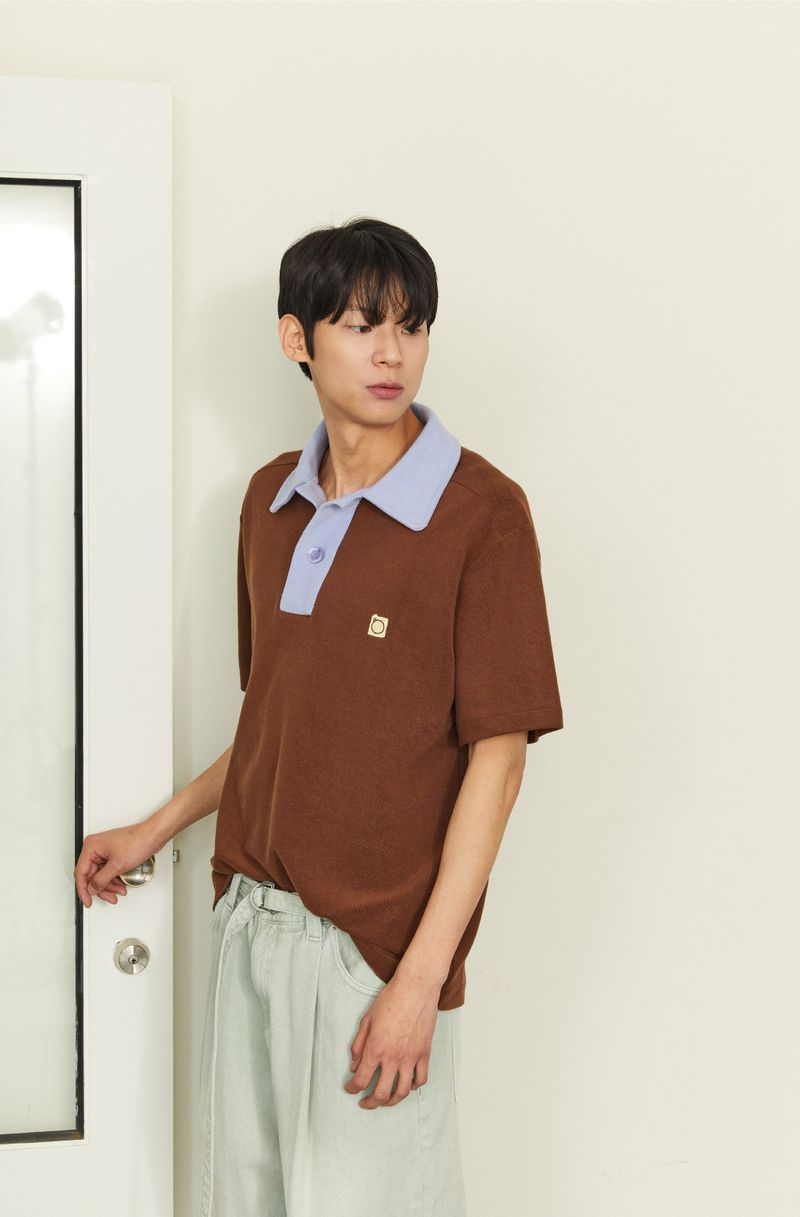 ALARM TERRY COLLAR T SHIRT BROWN_UNISEX