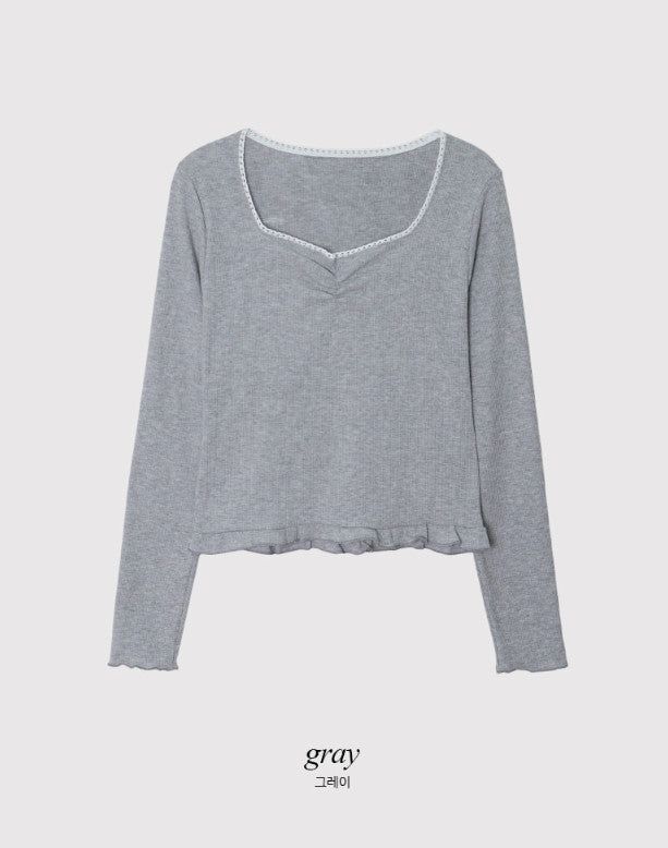 Lua Shirring Lace Frill Rib T-Shirt (4color)