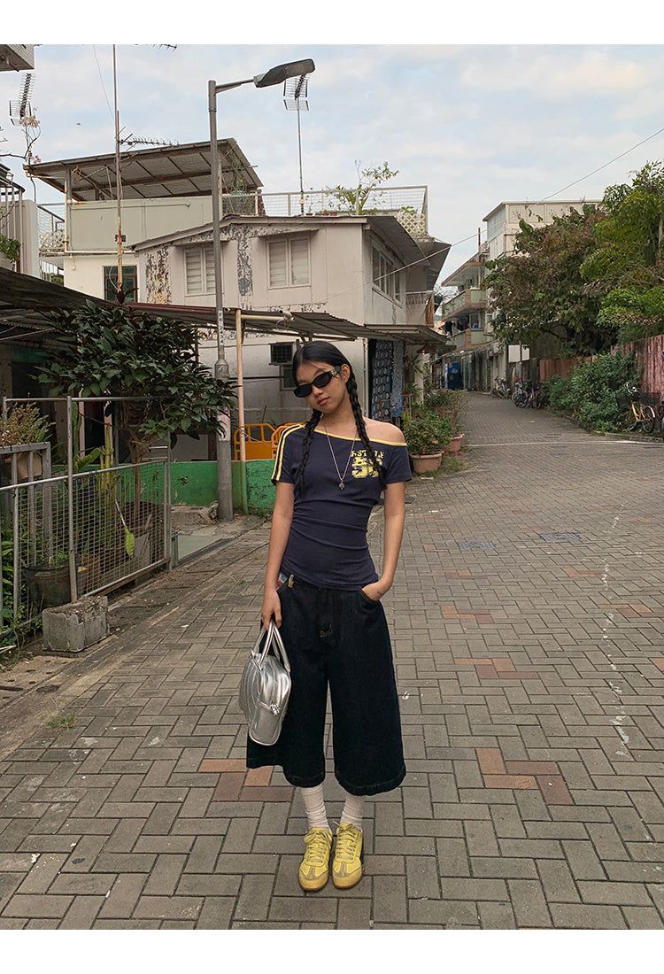 Checked pocket dark blue wide cropped denim