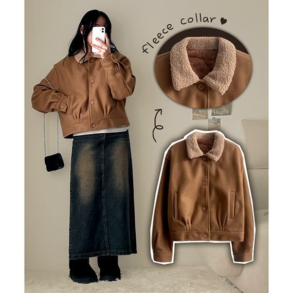 Dura wool collar abut woolen quilted short coat jacket