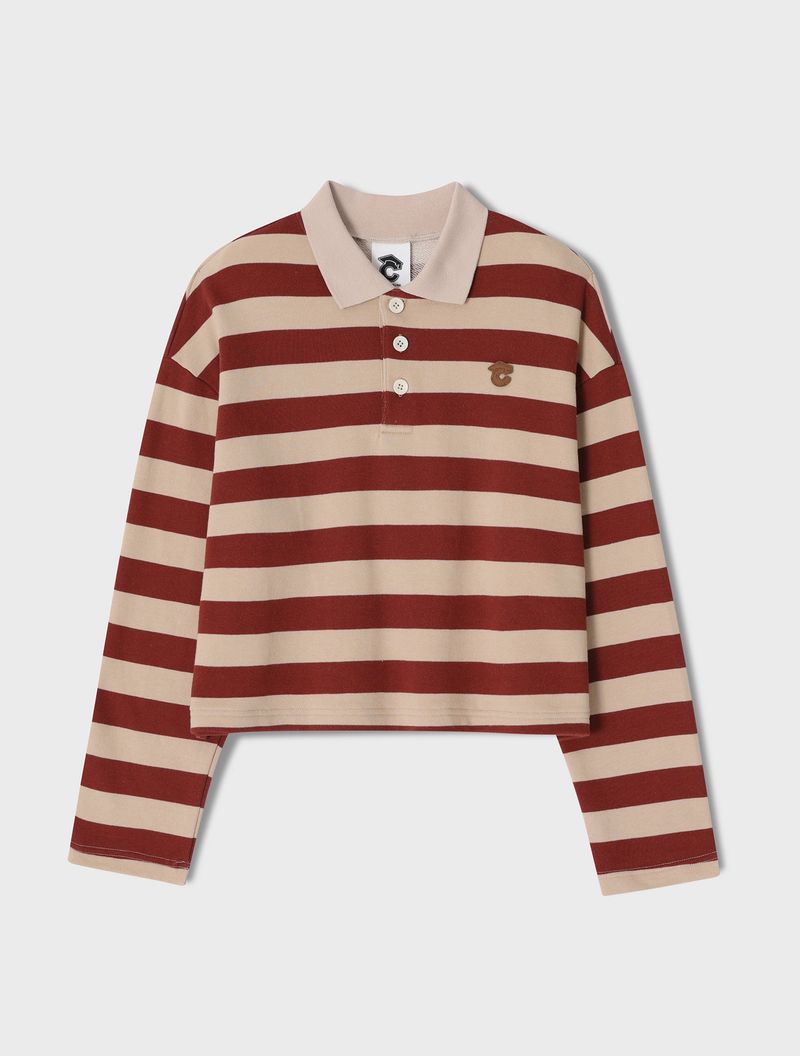 CONCEPT COLLEGE（コンセプトカレッジ）の「Stripe Rugby Sweat Cropped Collar T-shirt / Burgundy-Beige [Women]（Tops）」