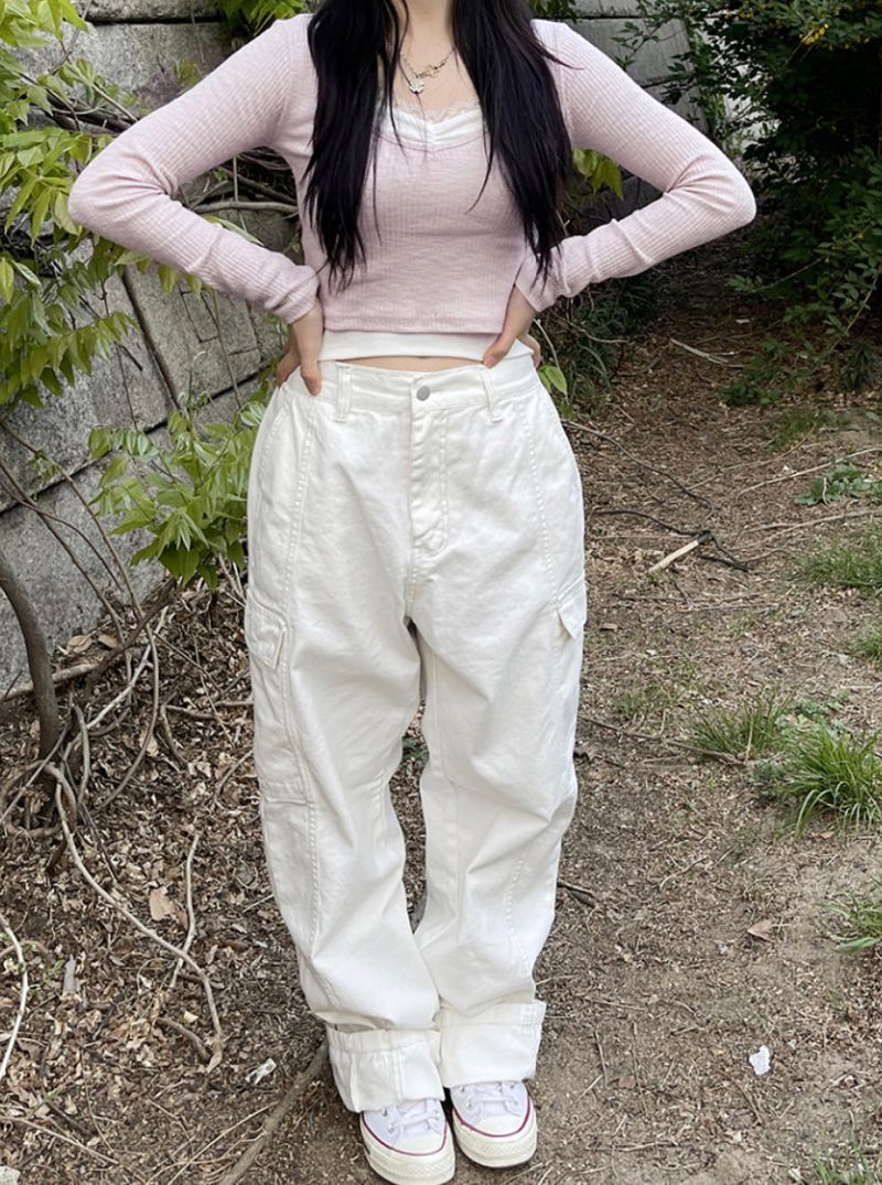 Stitch Wide Cotton Cargo Pants