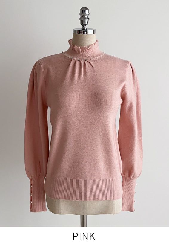 Genuine Pearl Slit Frill Turtleneck Knit