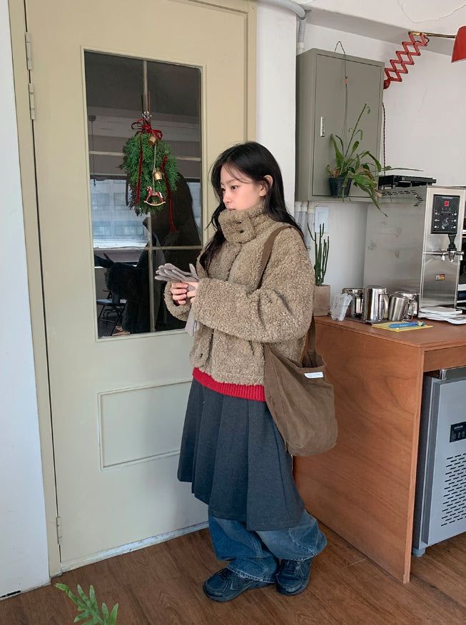 Rital Wool High Neck Fur Jacket