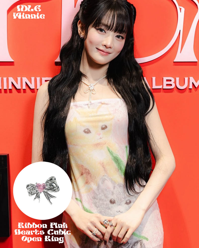 [Hearts2Hearts Stella, IDLE Minnie Pick!] Ribbon Pink Hearts Cubic Open Ring
