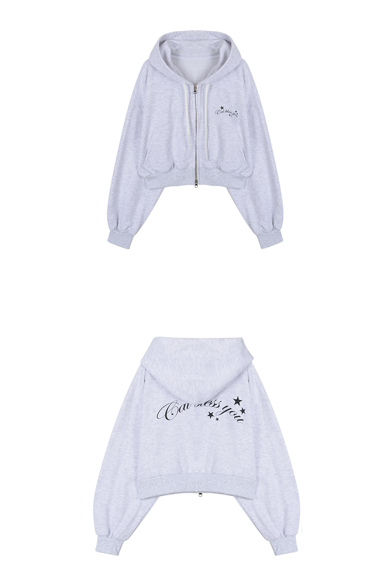CAT CROP HOOD ZIP UP - LIGHT GRAY