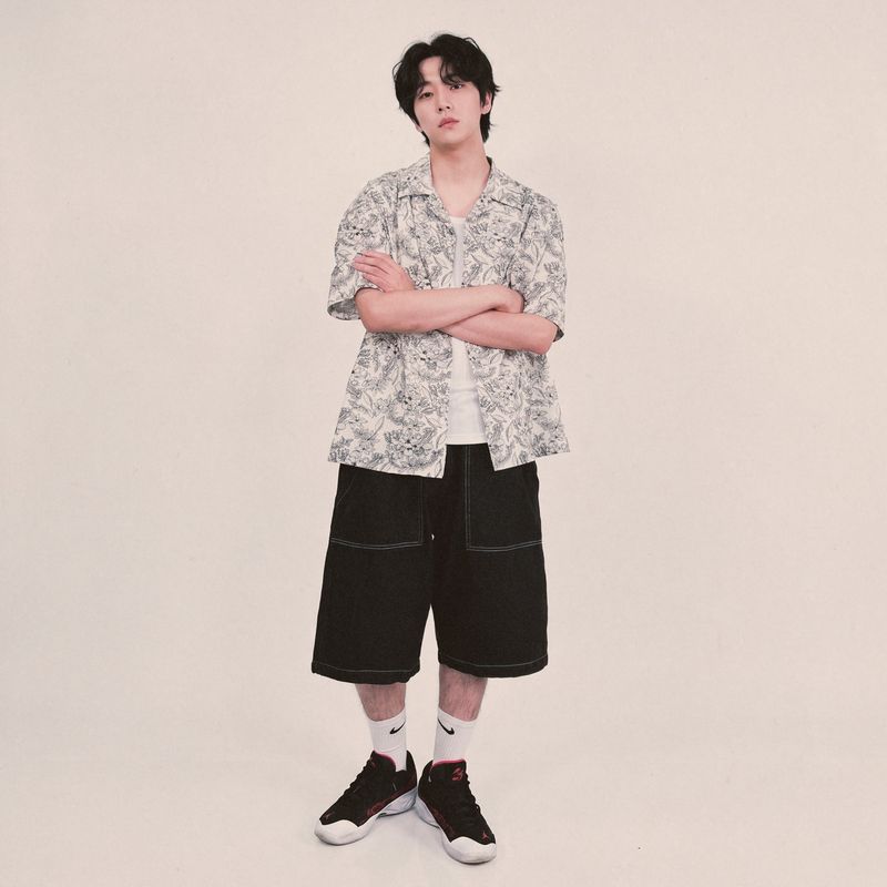 botanical drawing open collar shirt_ivory