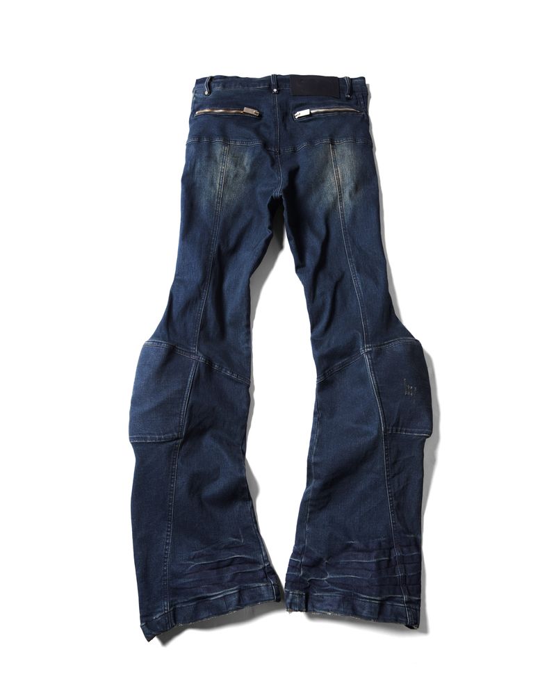 PADDED FLARED BLUE DENIM PANTS