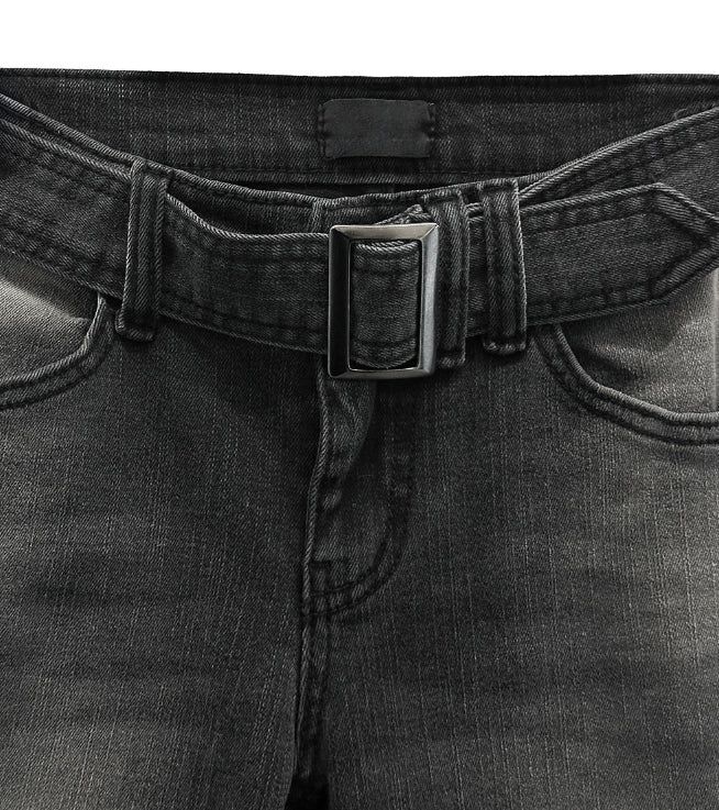 Belted washed bootcut black denim