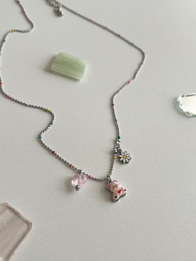 gom kitsch color beads daisy bear layered necklace