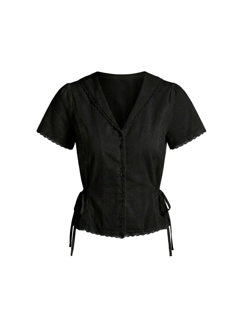 Vivielle Lace Ribbon Shirring V-Neck Blouse Black