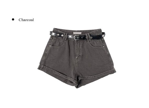 [Belt SET] ベッシー ロールアップ ウォッシング デニム ショートパンツ