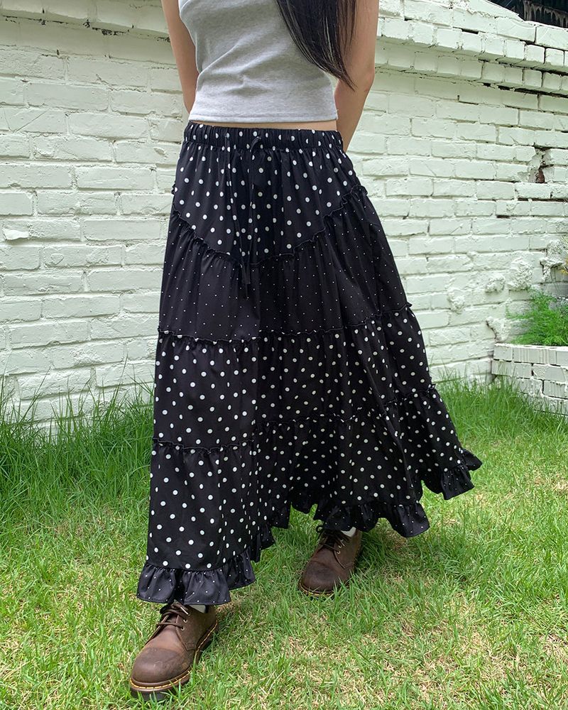 WONDER WONDER（ワンダーワンダー）の「Achu Dot Shirring Cancan Lace Frill Long Skirt（Skirts）」