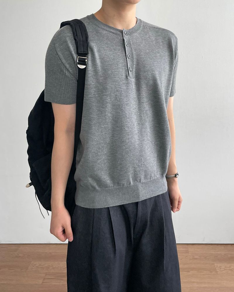 Needle Henley Neck Short Sleeve Knit