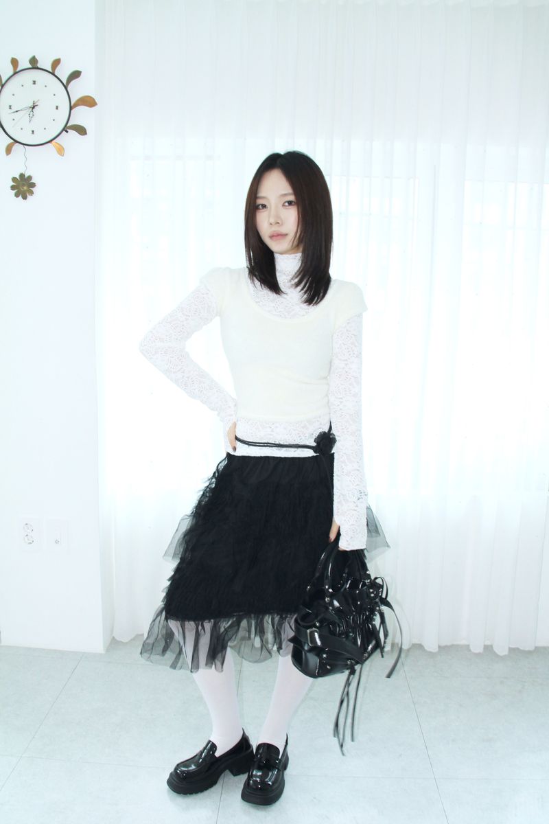 frill lace layered midi skirt