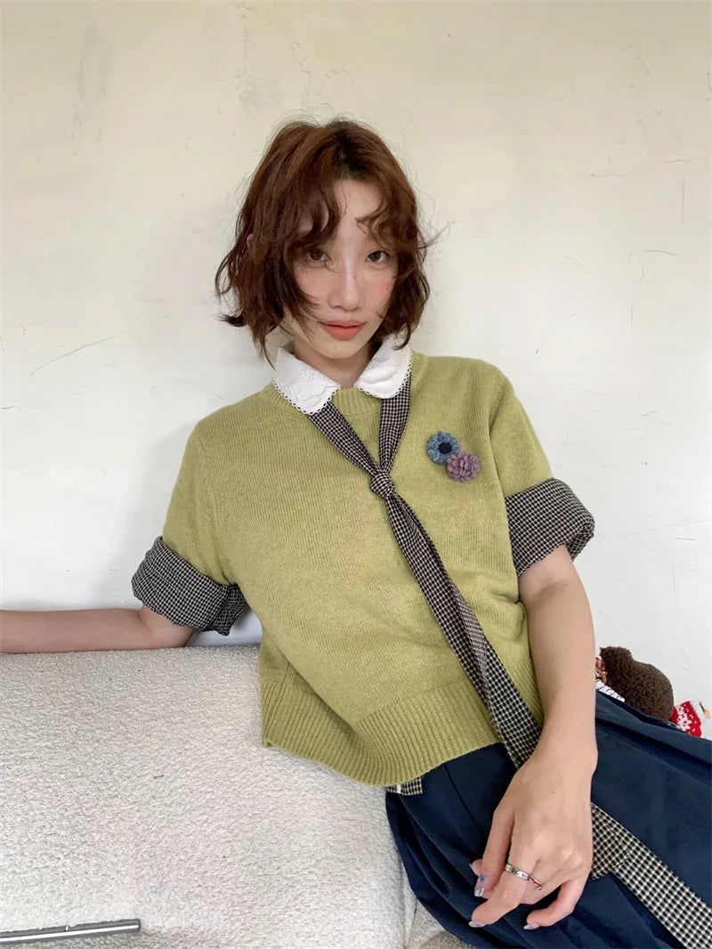 [1+1 Special] Tours Flower Decor Round Neck Wool Short Sleeve Knit