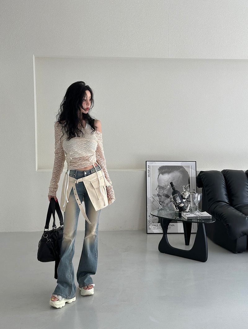 lace see-through off-shoulder T-shirt