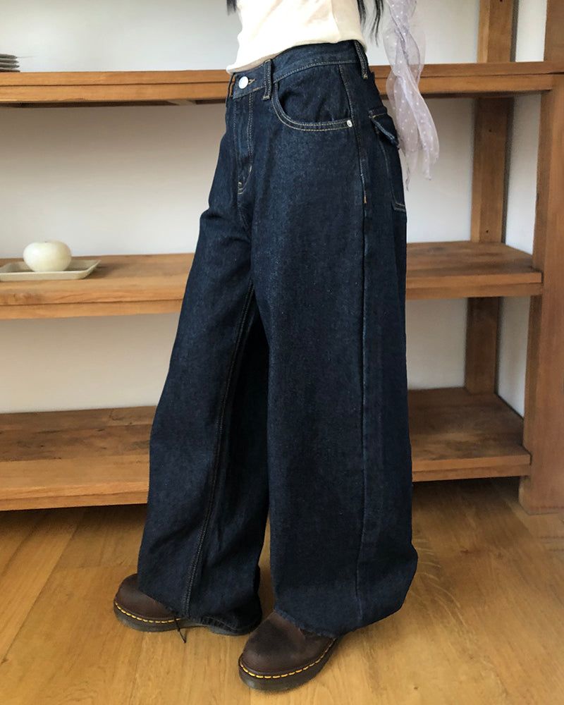 Rakit Raw Denim Back Buckle Wide Denim Pants