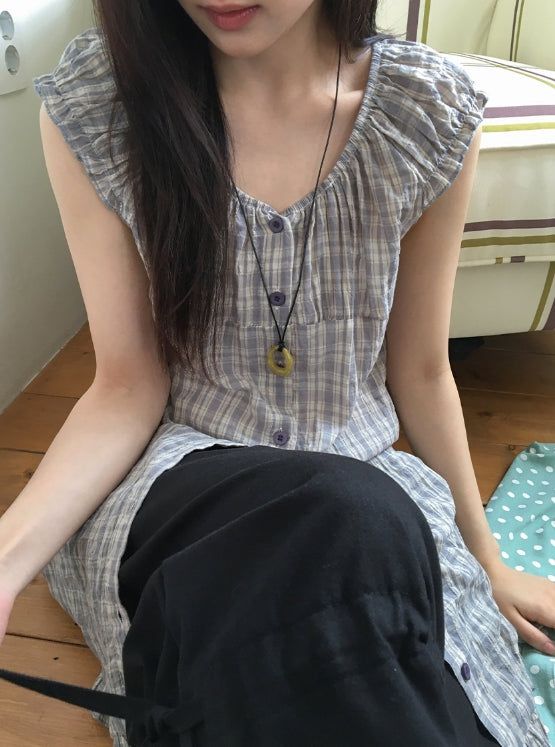 Use Check Puff Shirring Layered One Piece