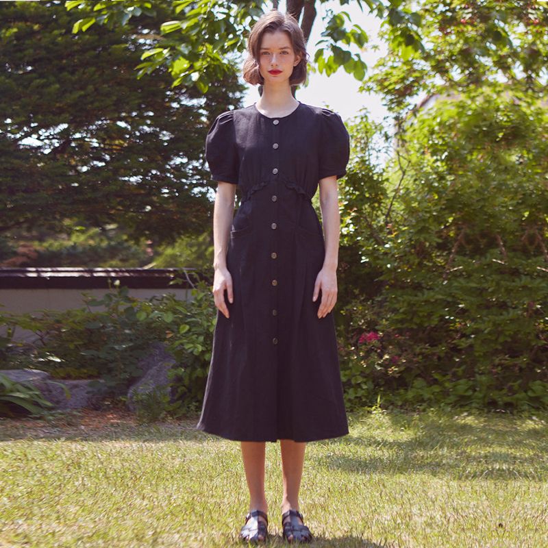 Single Button Linen Puff Dress
