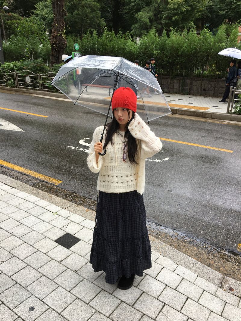 Maroon check long skirt (2color)