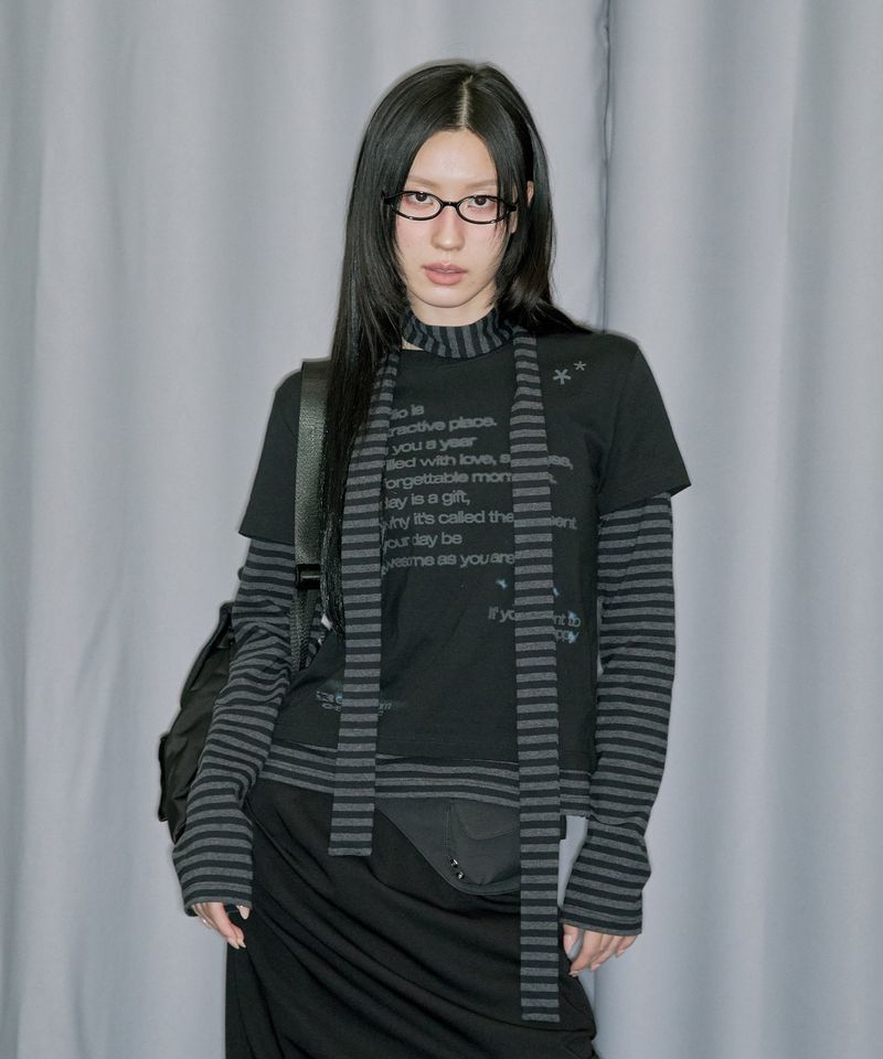 ODDSTUDIO（オッドスタジオ）の「Layered Stripe Muffler Set Long Sleeve - BLACK（Tops）」