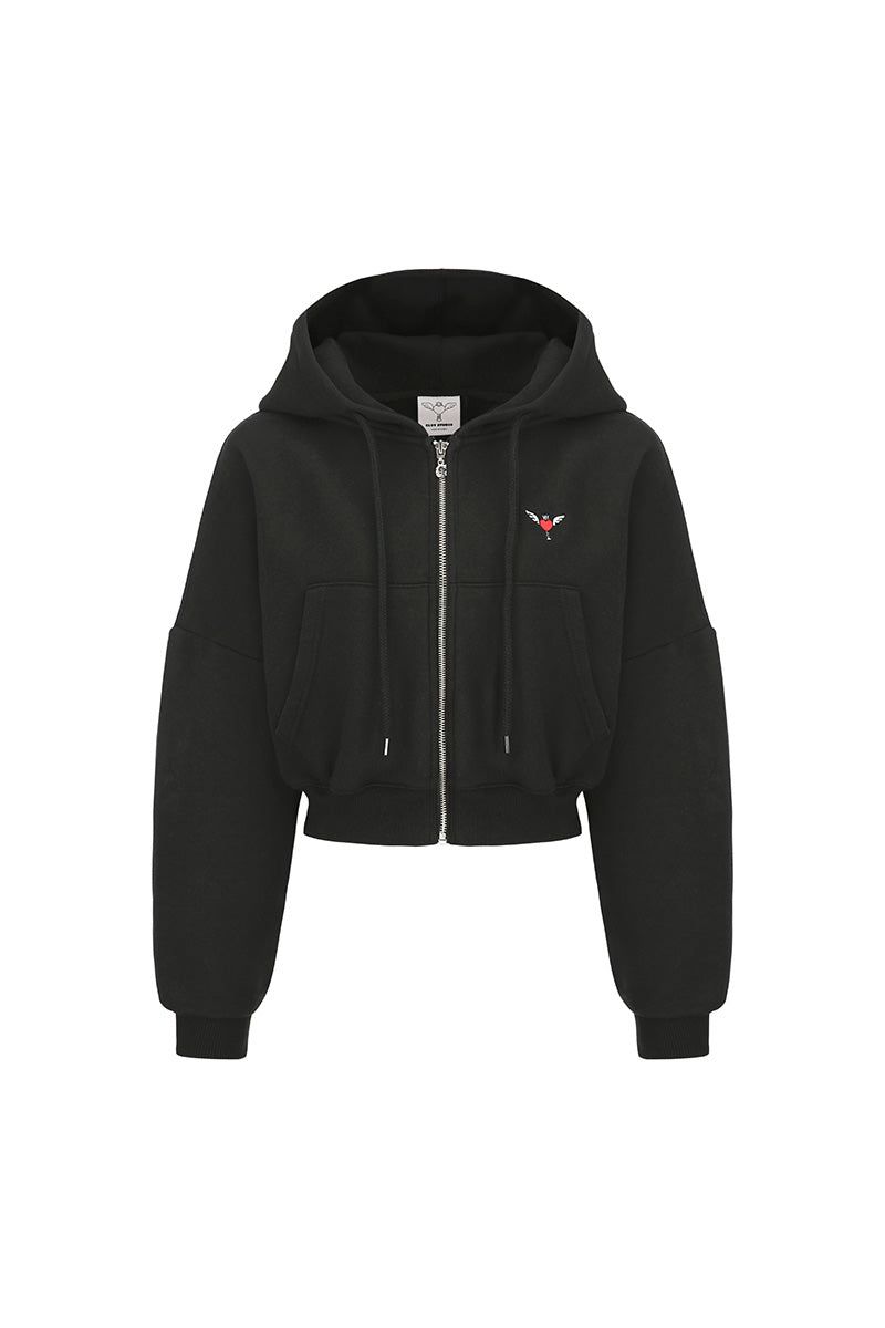 0 4 cat crop hood zip-up - BLACK