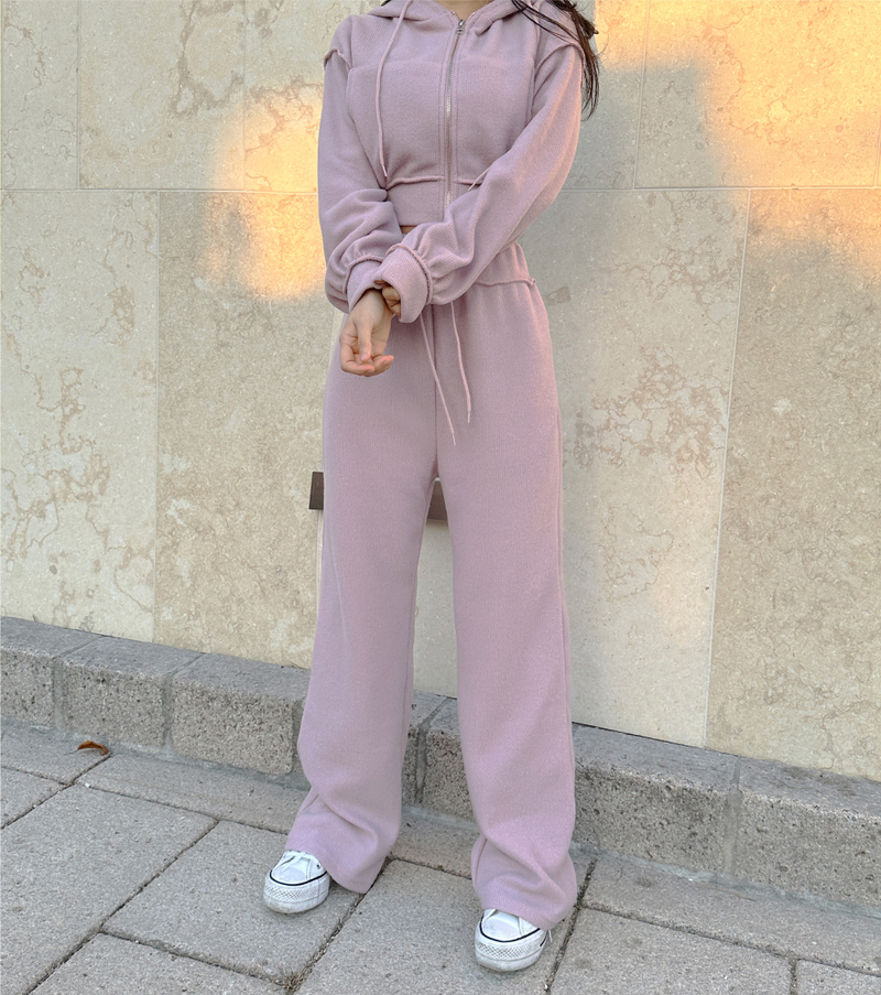 (ZIP-UP & PANTS SET!) 4 COLORS THICK FLEECE RIBBED CROPPED TRAINING PANTS
