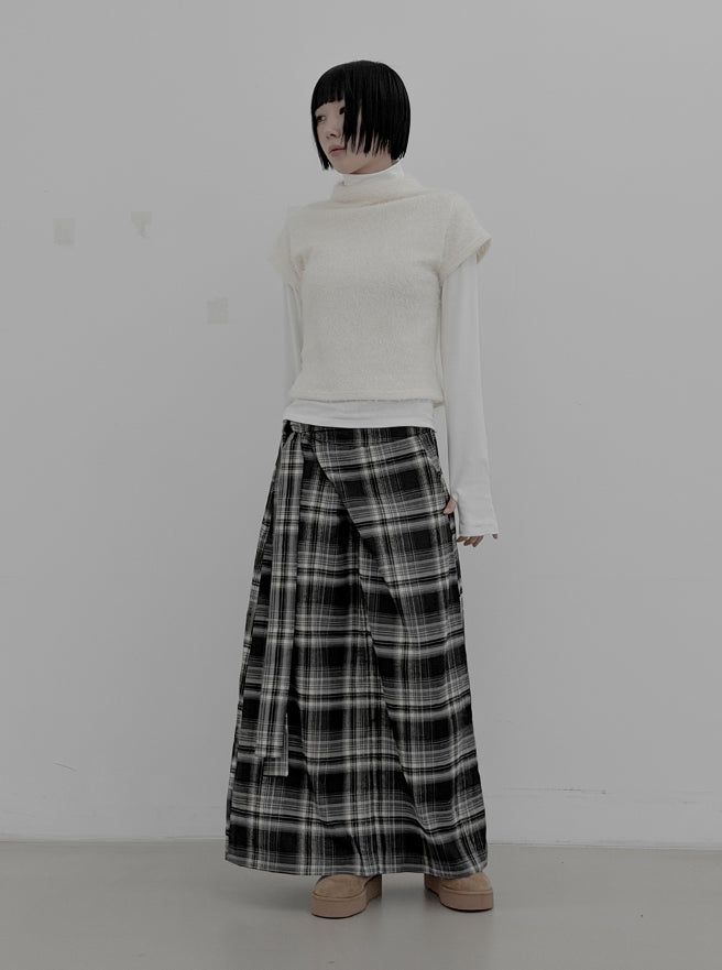 Check Strap Wrap Long Skirt