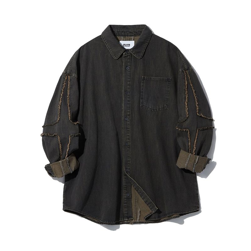 [ULKIN] Cross Raw Edge Denim Shirt_Black